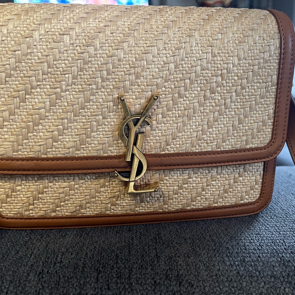 Saint Laurent Straw & Brown Leather Shoulder Bag - Picture 2 of 9